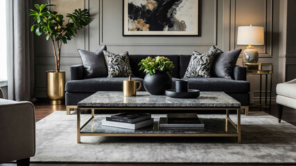 Polished granite coffee table with designer decor in a modern living room