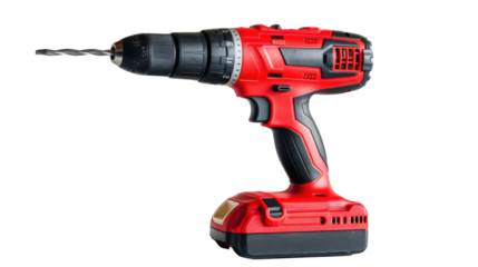 Drill with a sharp metal drill on transparent background