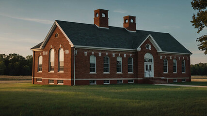 Obraz premium Rural schoolhouse with red brick walls and tall windows