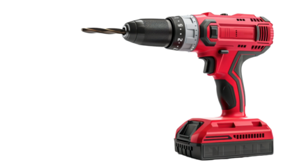 Drill with a sharp metal drill on transparent background