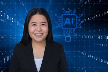 Happy business woman standing smiling On the background of technology, intelligence, market reports big data analysis technology Processing complex data streams.