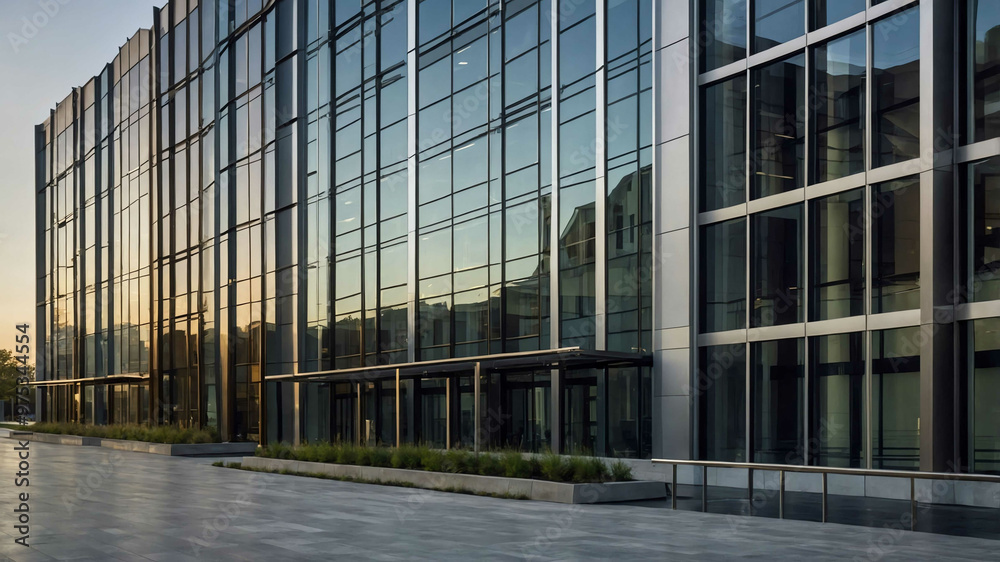 Wall mural sleek office building facade with large glass panels and metal accents