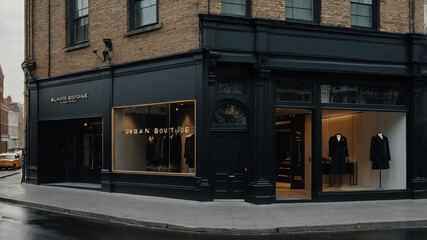 Stylish urban boutique with a black facade and minimalist signage