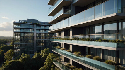 Obraz premium Urban condominium with sleek glass balconies and minimalist design