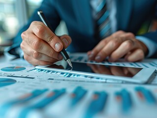 Businessman working with financial newspaper and digital tablet on desk in office, close-up hand holding pen writing information to document chart data, graph, and business growth concept background b