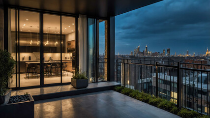 Fototapeta premium Urban townhouse with sleek metal railings and floor to ceiling windows