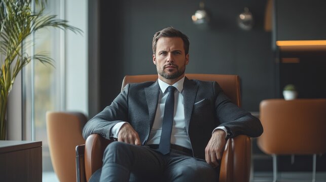 Businessman in a tailored suit, participating in a formal interview discussion in a sleek and elegant office room - Powered by Adobe