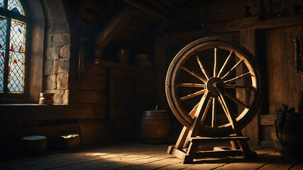 Obraz premium Wooden spinning wheel resting in the corner of a dimly lit medieval room