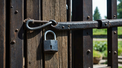 Worn iron lock hanging from a wooden gate in a castle courtyard