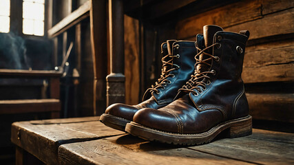Worn leather boots leaning against a wooden bench beside a hearth