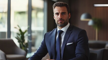 Fototapeta premium Elegant businessman in a tailored suit participating in an interview, set in a contemporary meeting room with sleek furnishings