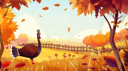 A charming Thanksgiving cartoon background that captures the essence of the holiday. There are turkeys strutting around with their colorful feathers