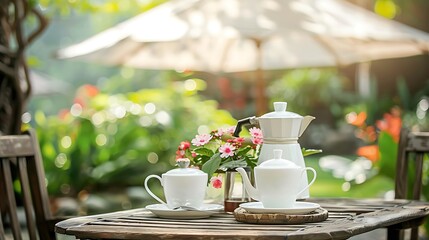 Fototapeta premium Tea set on wooden table under white umbrella in the garden in summer