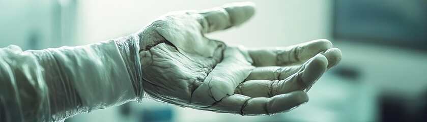 A close-up of a healing hand with bandages, symbolizing recovery and resilience in a medical environment.