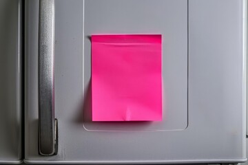 A minimalist image of a neon pink sticky note on a clean, white refrigerator