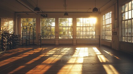 A photo of an empty boxing ring in an old-school gym, with wooden floors and vintage equipment, bathed in golden-hour sunlight from tall windows