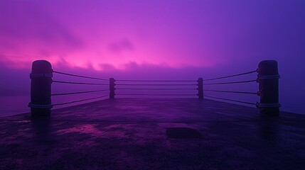 A photo of an empty boxing ring under soft twilight, the ropes gently illuminated by a fading purple sky, creating a serene and peaceful atmosphere