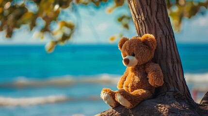 teddy bear brown color sitting on the tree with sea beach background