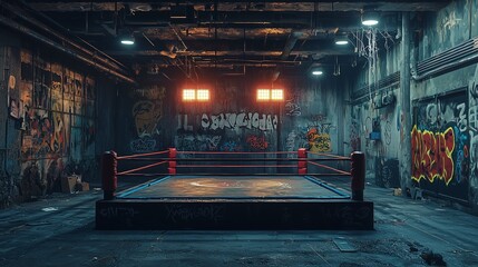 A photo of an empty boxing ring in a back alley fight club, dimly lit with flickering lights and graffiti on the walls, creating an underground, gritty atmosphere