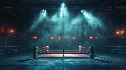 A photo of an empty boxing ring surrounded by urban graffiti, with neon signs glowing in the background, creating a modern and gritty street vibe