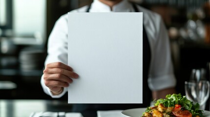 A waiter holding a blank white paper sheet in front of a plate with a meal, in a restaurant.