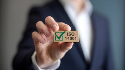 A businessman holding a small wooden block with a green checkmark and 'ISO 14001' written on it. ISO 14001 certified, iso 14001 environmental management system