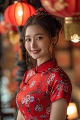 Fototapeta premium In the evening, Chinese New Year, young women on the streets