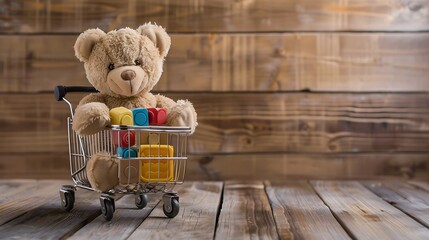 Teddy bear holding toy blocks sitting in a toy cart on a wooden floor