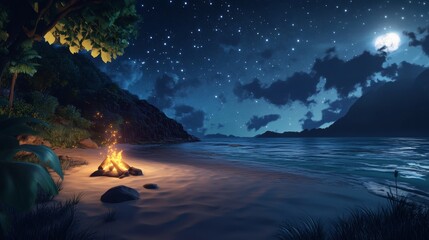 Moonlit Serenity   Beachside Bonfire under Starry Skies