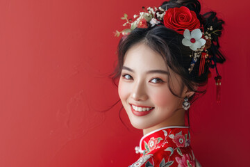 Fototapeta premium A young Chinese woman, close-up photo of her head with a red background