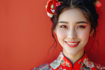 A young Chinese woman, close-up photo of her head with a red background