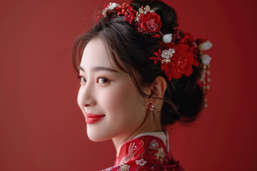 Naklejka premium A young Chinese woman, close-up photo of her head with a red background