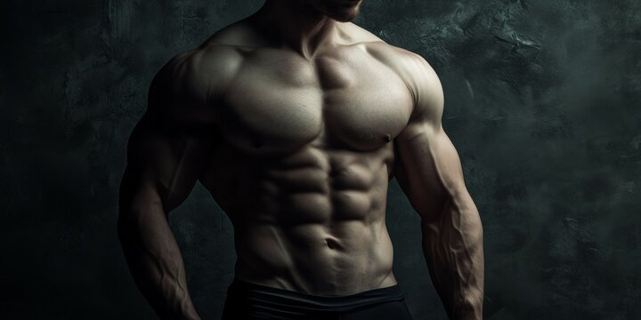 shirtless strong man with muscular body with torso abs isolated on dark background
