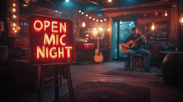 Sign that reads “OPEN MIC NIGHT” - person sitting on a stool and performing in blurred background - bar - club 