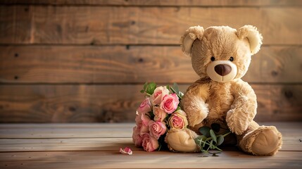 Obraz premium Teddy bear sit on a wooden floor and bouquet of flowers