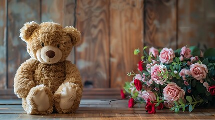 Teddy bear sit on a wooden floor and bouquet of flowers