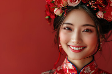 A young Chinese woman, close-up photo of her head with a red background