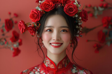 Naklejka premium A young Chinese woman, close-up photo of her head with a red background