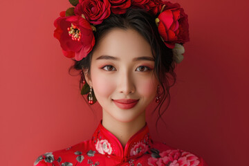 Naklejka premium A young Chinese woman, close-up photo of her head with a red background