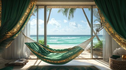Elevate Your Space: Luxurious Green Hammock Poster with Golden Embroidery, Perfect for Coastal Decor and Beach-Inspired Interiors Featuring Expansive Beach Views!