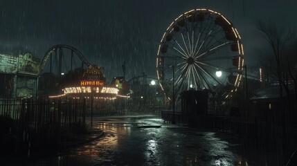 Obraz premium A creepy, deserted amusement park under heavy rain at night, with broken rides and flickering lights, perfect for a Halloween scene.