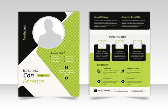Conference and invitation 2 page flyer template design. Annual corporate business conference workshop