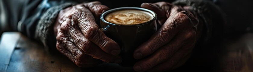 Obraz premium A close-up of aged hands holding a cup of coffee, conveying warmth and comfort in a rustic setting.