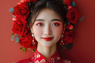 Naklejka premium A young Chinese woman, close-up photo of her head with a red background