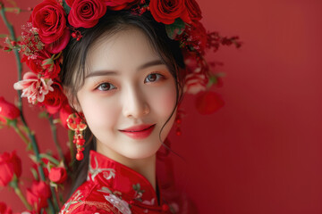 Naklejka premium A young Chinese woman, close-up photo of her head with a red background