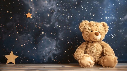 Teddy bear sitting on the floor with space on background