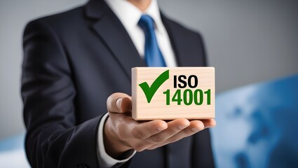 Obraz premium A businessman holding a small wooden block with a green checkmark and 'ISO 14001' written on it. ISO 14001 certified, iso 14001 environmental management system
