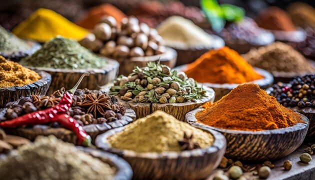 Exotic spice markets with depth of field featuring an array of spices and rich textures