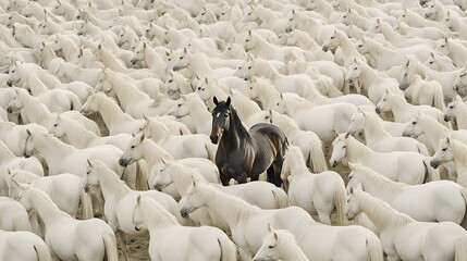 Obraz premium A herd of white horses is grazing in a field. A black horse is standing in the middle of the herd