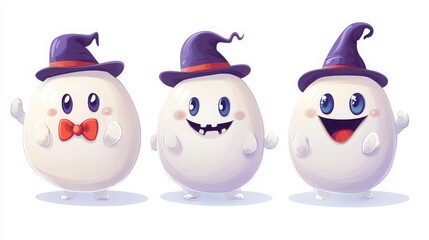 Obraz premium Characters of cute, round ghosts wearing little hats or bow ties, showing playful charm and joy, white background 